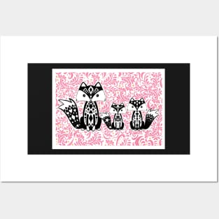 Linoprint Vixen with Cubs Floral Background Posters and Art